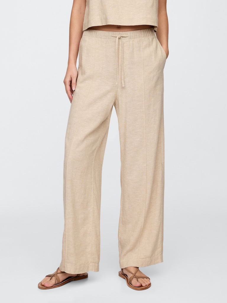 Mid Rise Linen-Blend Pull-On Wide-Leg Pants