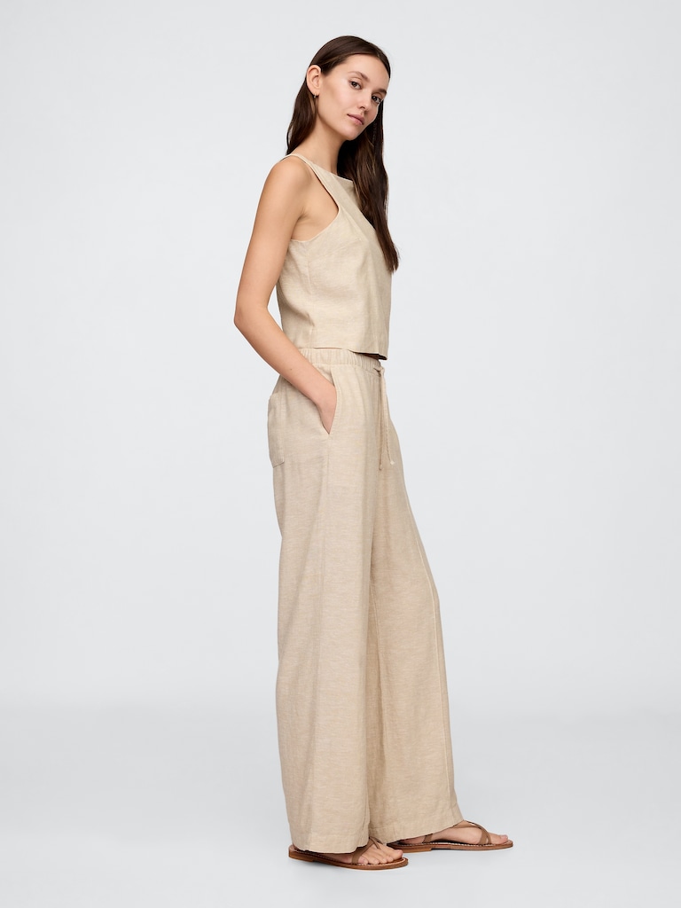 Mid Rise Linen-Blend Pull-On Wide-Leg Pants