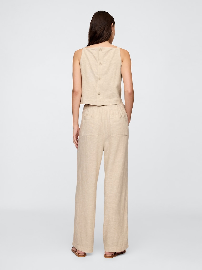 Mid Rise Linen-Blend Pull-On Wide-Leg Pants