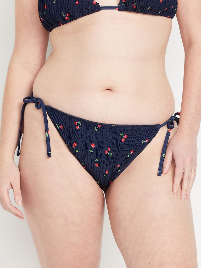 Mid-Rise Textured String Bikini Swim Bottoms