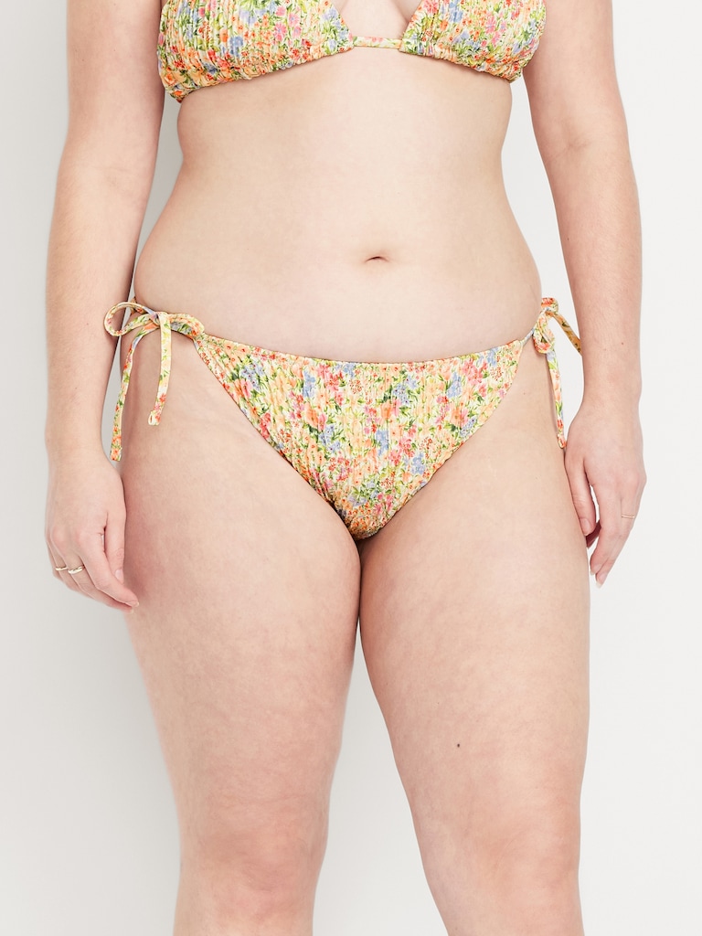 Mid-Rise Textured String Bikini Swim Bottoms
