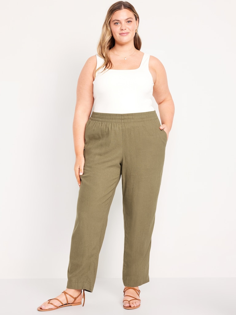 High-Waisted Linen-Blend Straight Ankle Pants