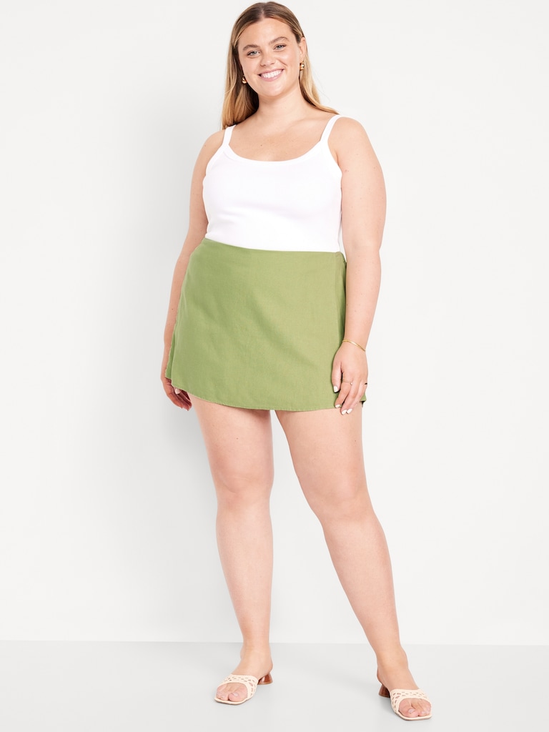 High-Waisted Faux-Wrap Linen-Blend Mini Skort