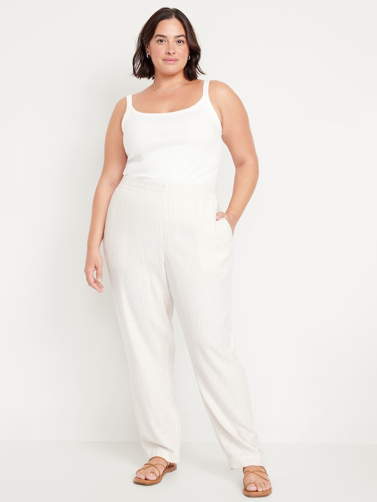 High-Waisted Linen-Blend Straight Ankle Pants