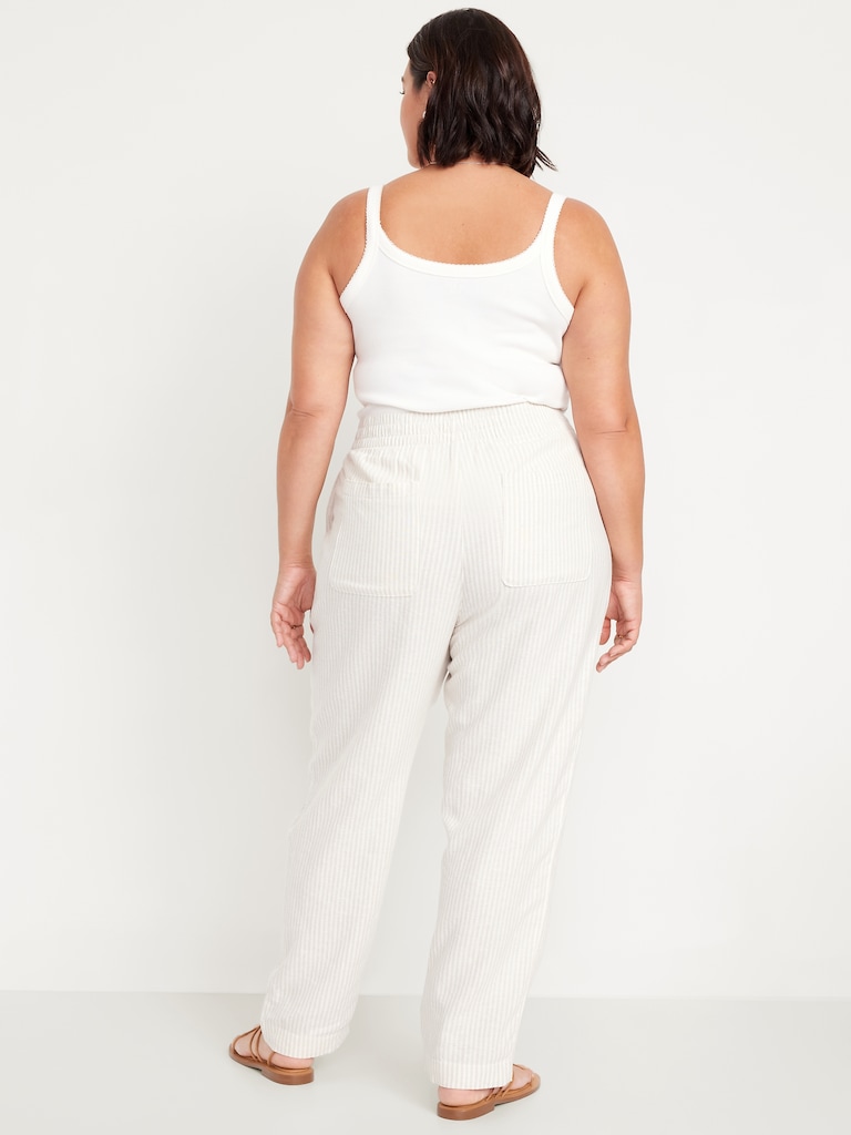 High-Waisted Linen-Blend Straight Ankle Pants