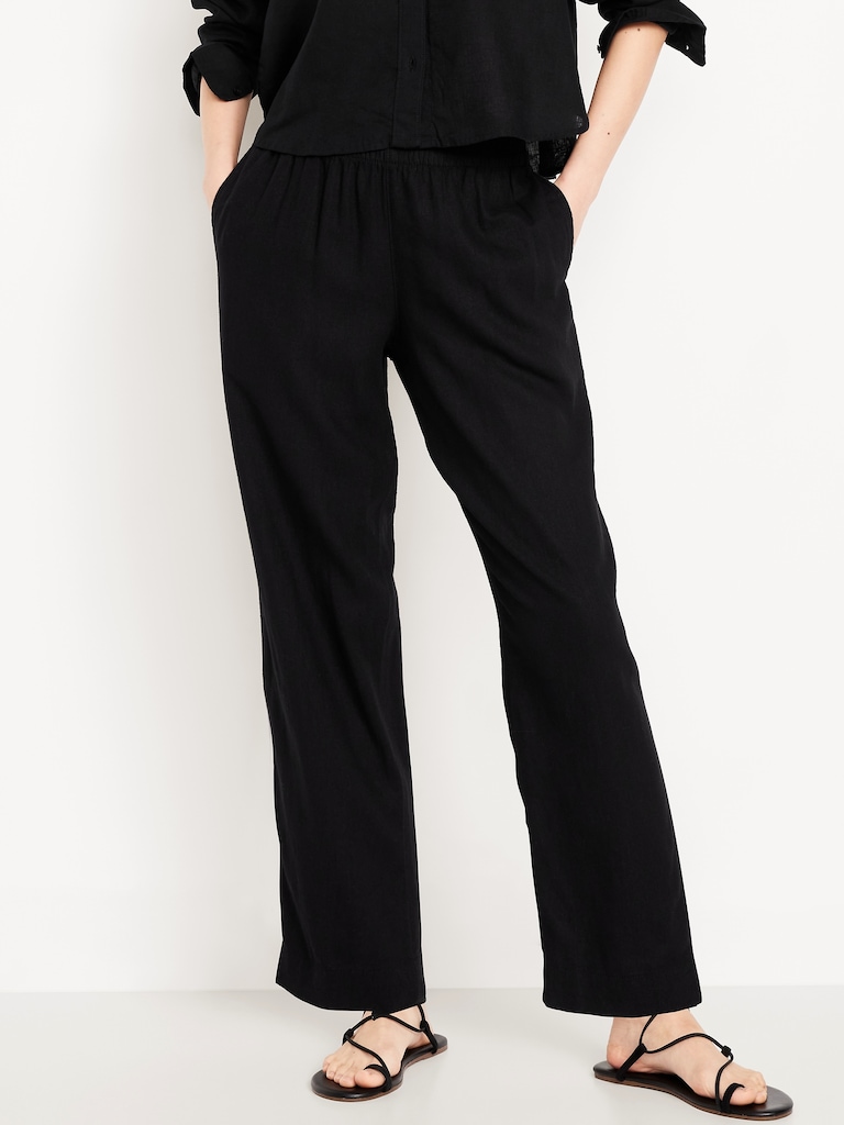 High-Waisted Linen-Blend Straight Ankle Pants