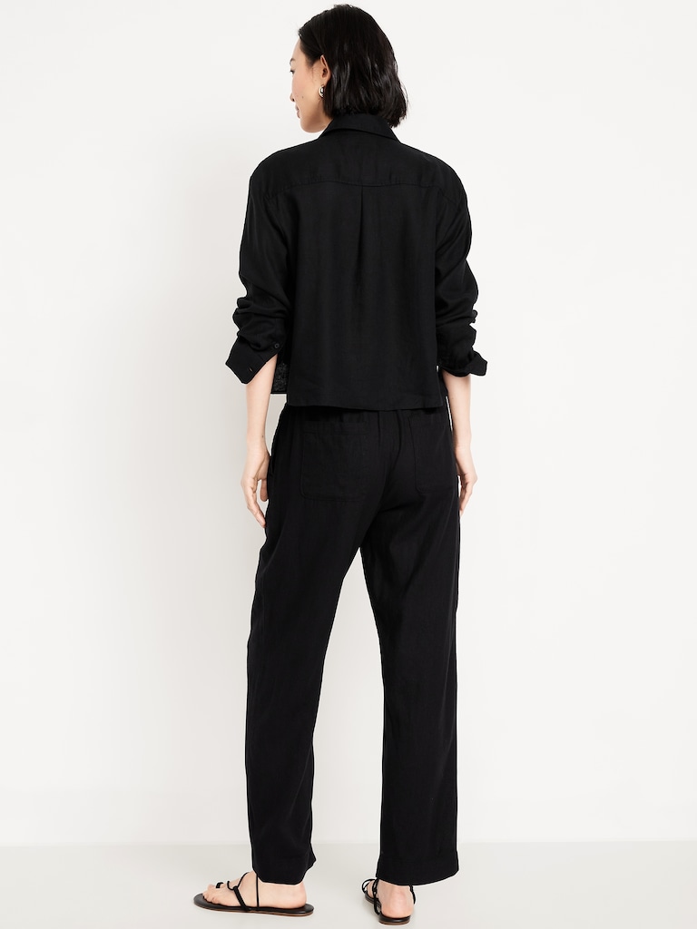High-Waisted Linen-Blend Straight Ankle Pants