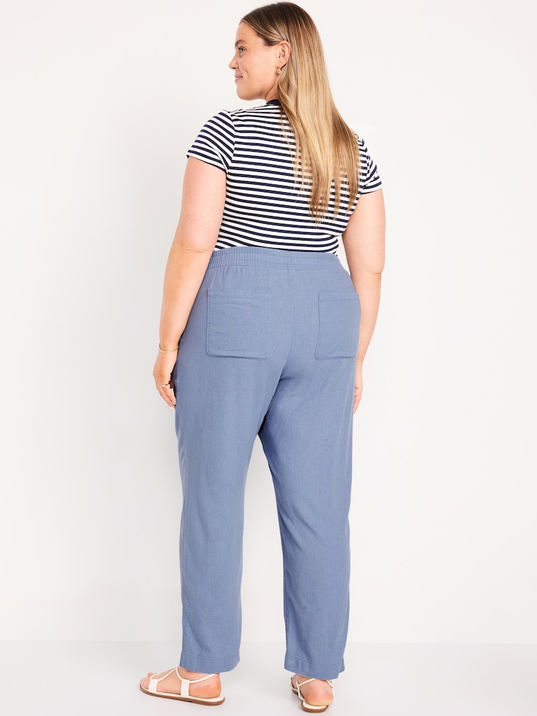 High-Waisted Linen-Blend Straight Ankle Pants