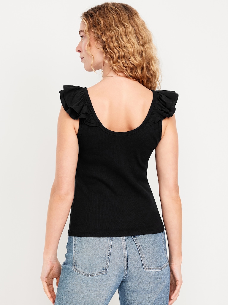 Ruffle-Trim Mixed Material Top