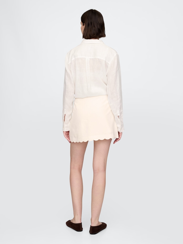 Linen-Blend Scalloped Mini Skort
