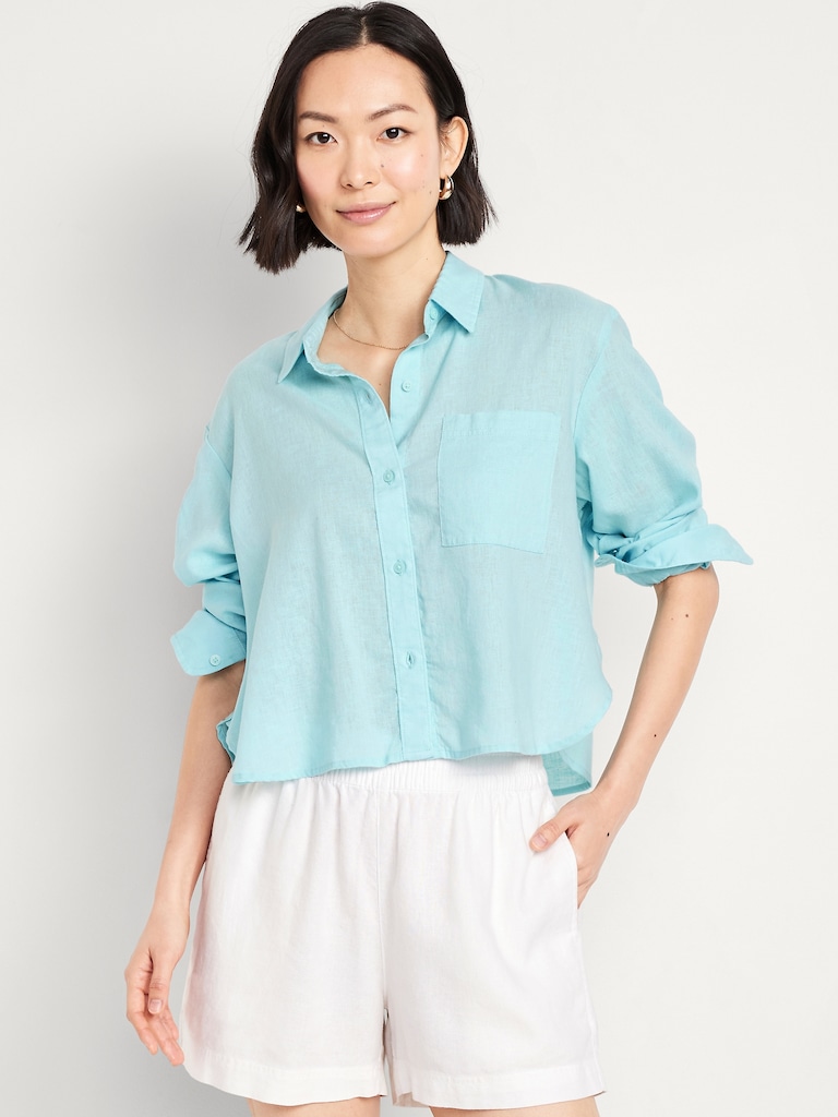 Linen-Blend Button-Down Crop Shirt