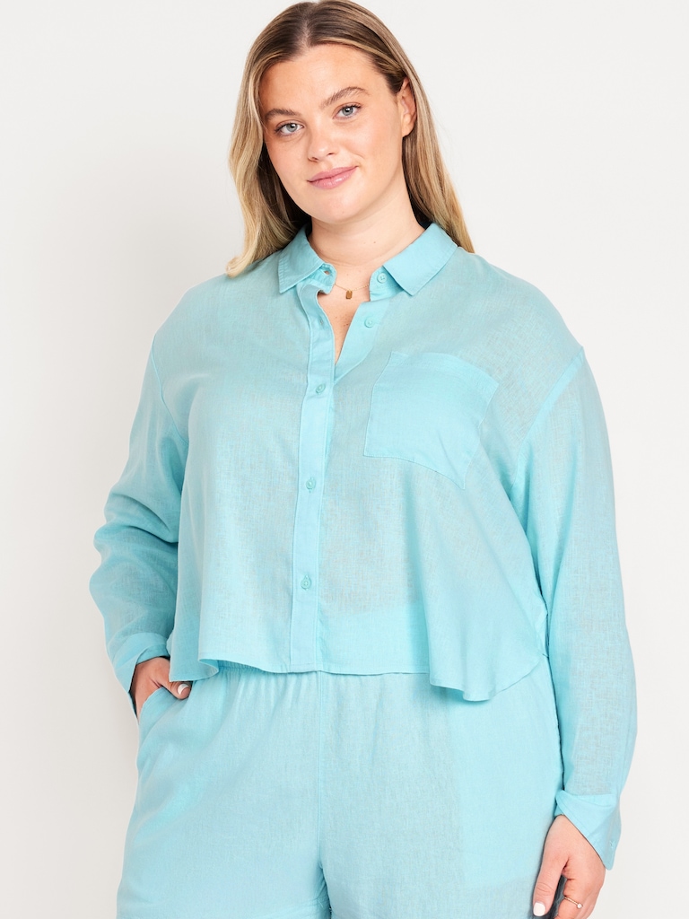 Linen-Blend Button-Down Crop Shirt