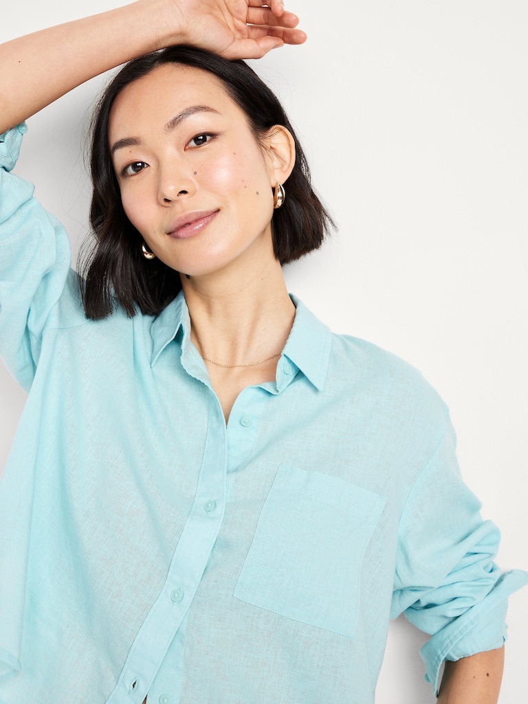 Linen-Blend Button-Down Crop Shirt