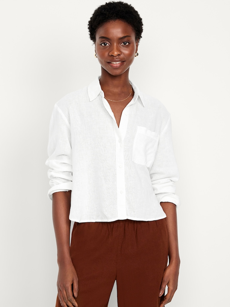 Linen-Blend Button-Down Crop Shirt
