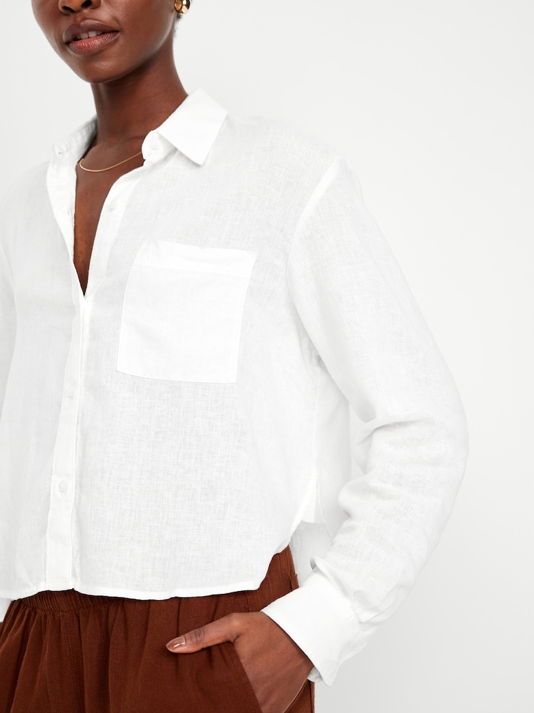 Linen-Blend Button-Down Crop Shirt