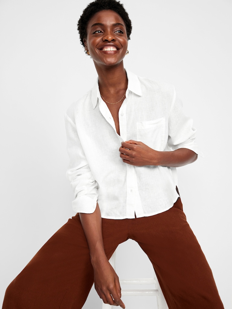 Linen-Blend Button-Down Crop Shirt