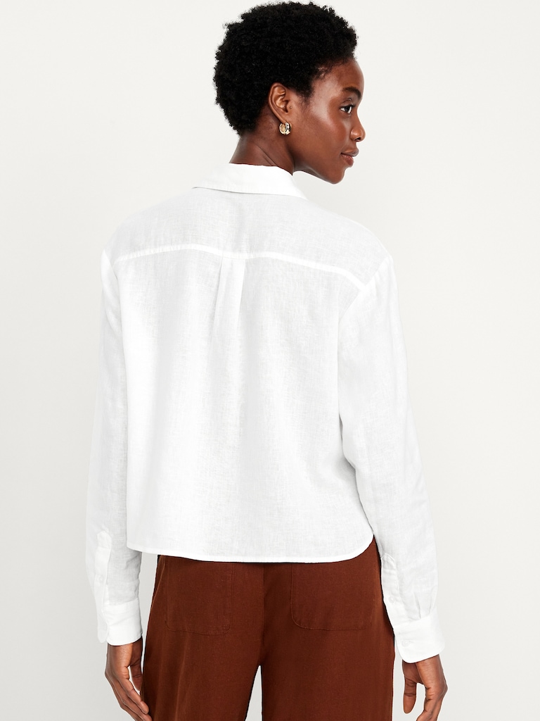 Linen-Blend Button-Down Crop Shirt
