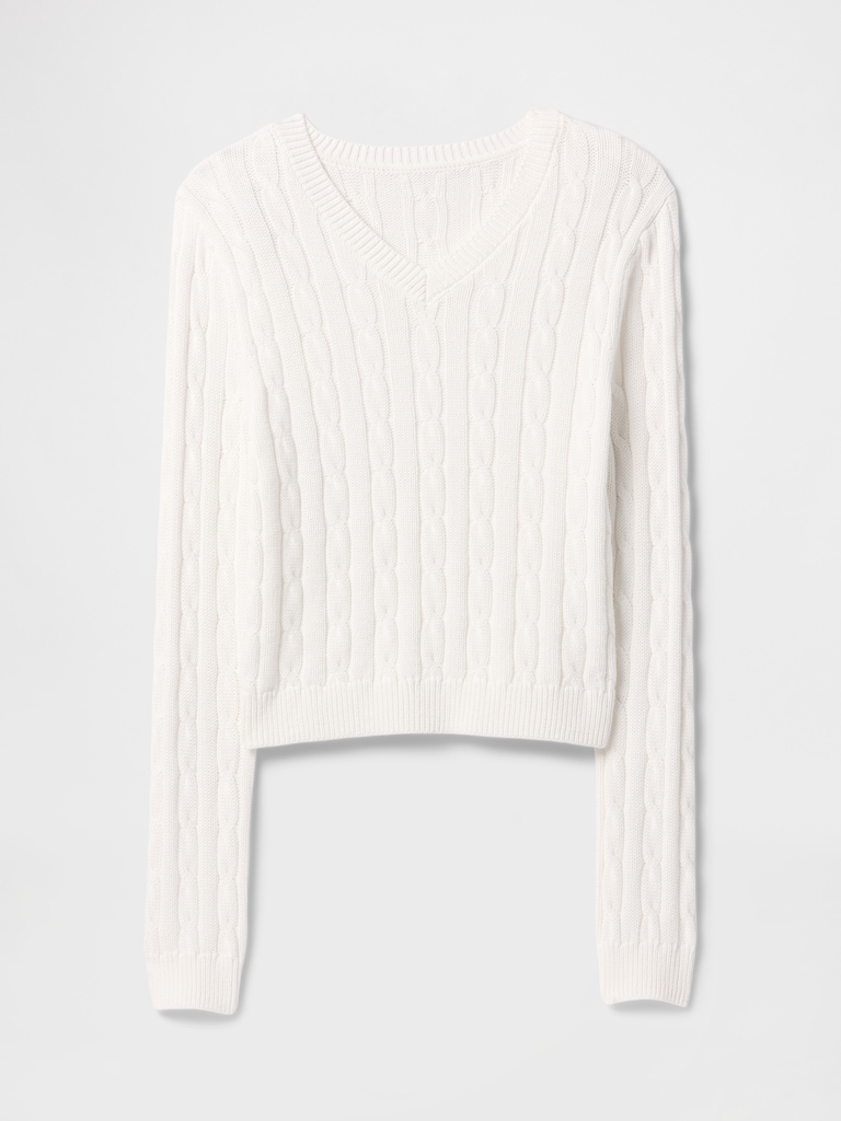 100% Cotton Cable-Knit V-Neck Sweater