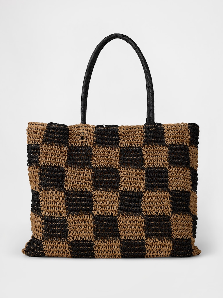 Gingham Straw Tote Bag
