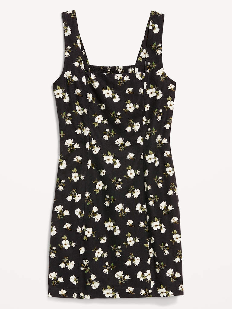Square-Neck Linen-Blend Floral Mini Dress