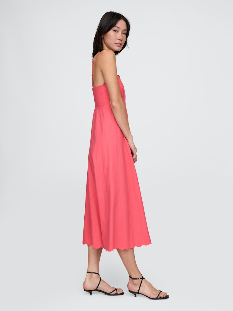 Linen-Blend Scalloped Midi Dress