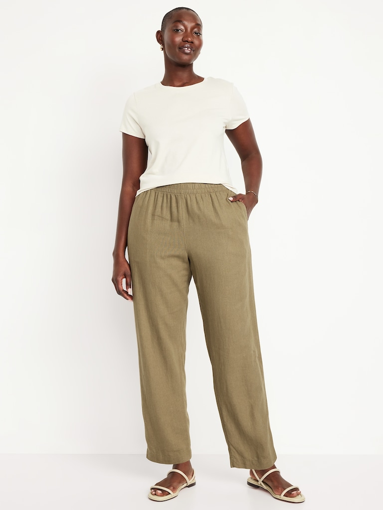 High-Waisted Linen-Blend Straight Ankle Pants