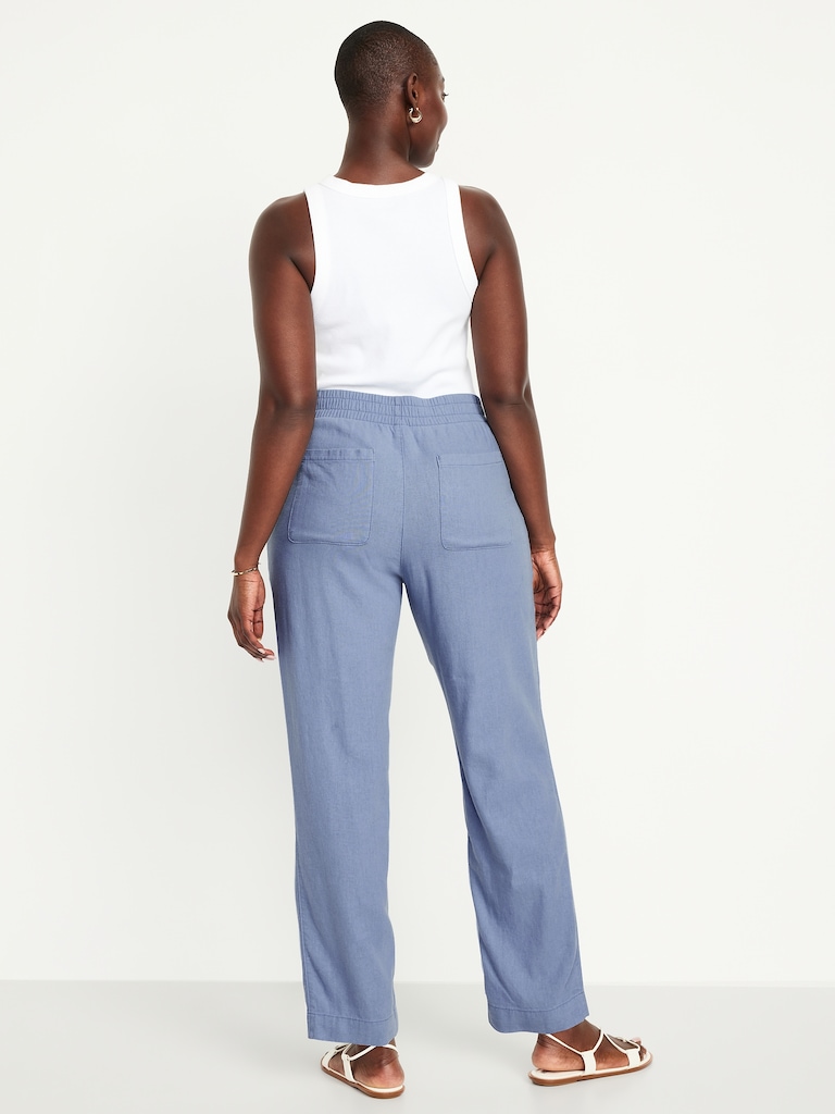 High-Waisted Linen-Blend Straight Ankle Pants