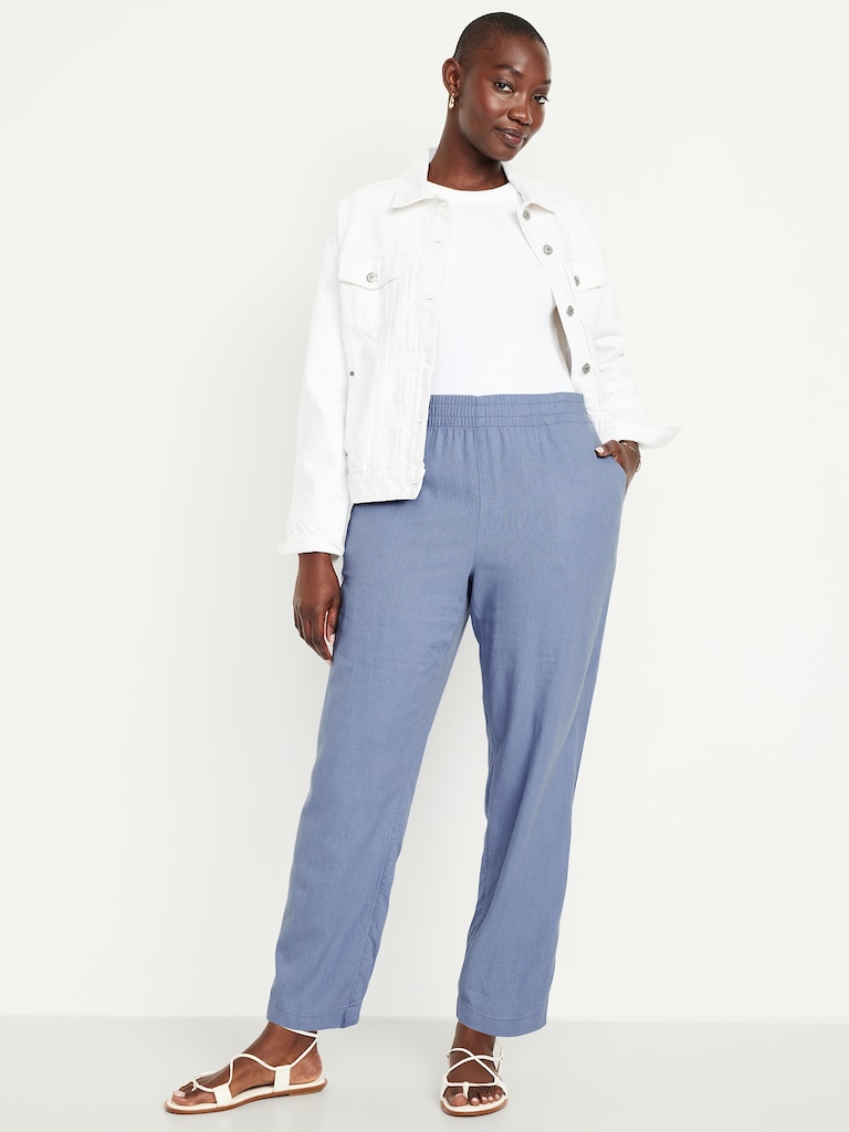 High-Waisted Linen-Blend Straight Ankle Pants