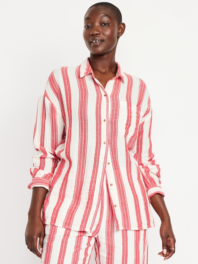 Crinkle Gauze Button-Down Shirt