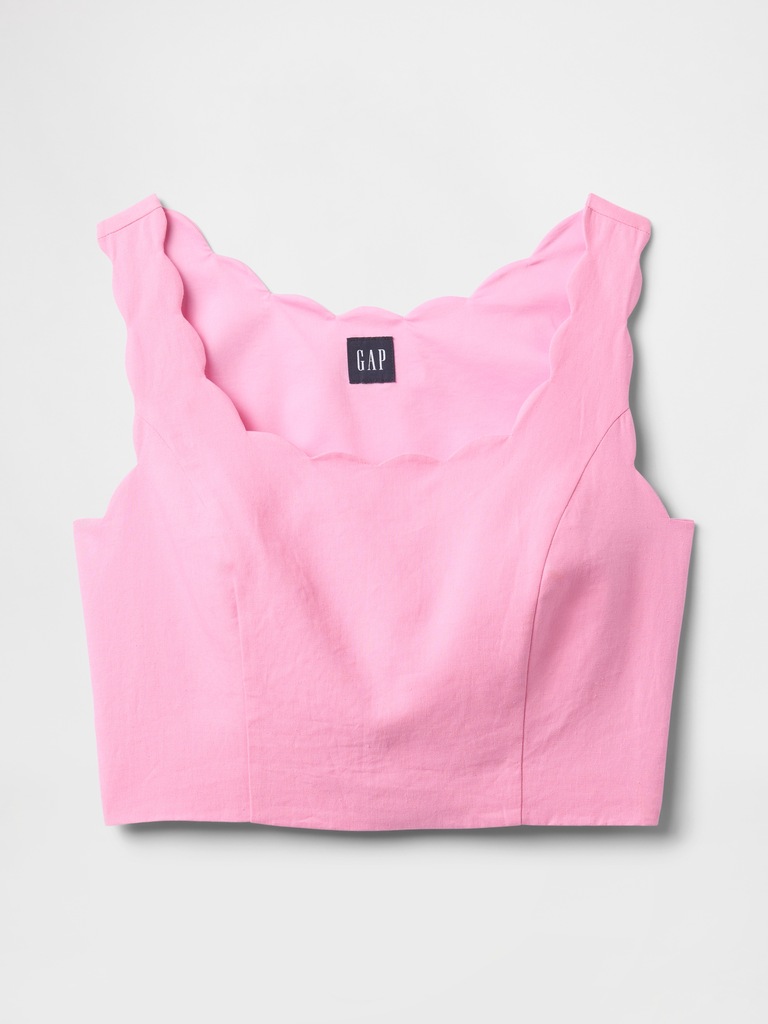 Linen-Blend Scalloped Crop Top