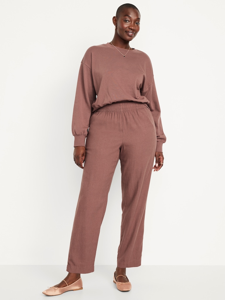 High-Waisted Linen-Blend Straight Ankle Pants