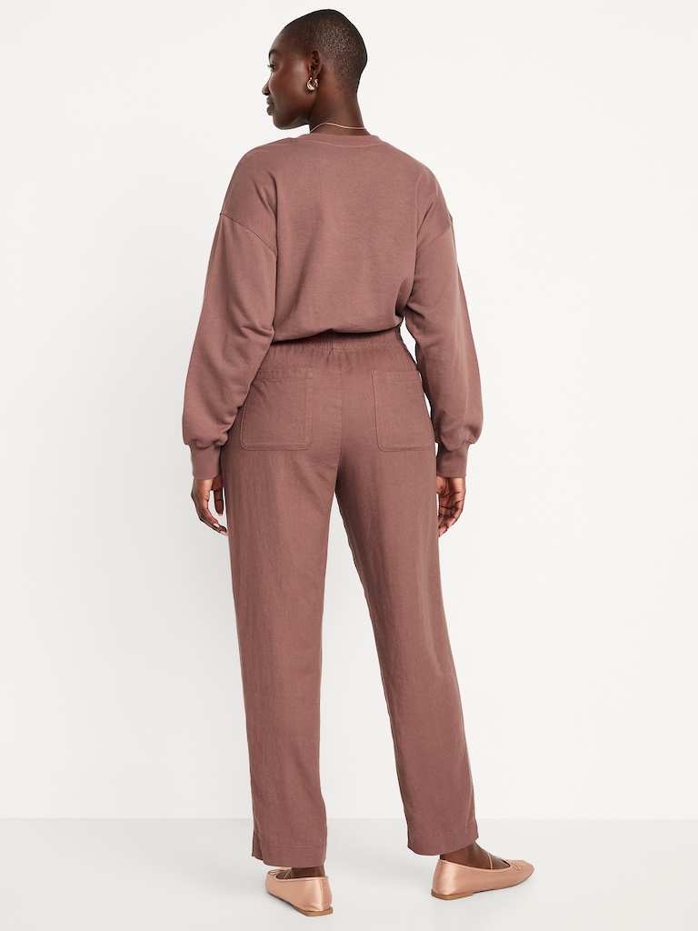 High-Waisted Linen-Blend Straight Ankle Pants