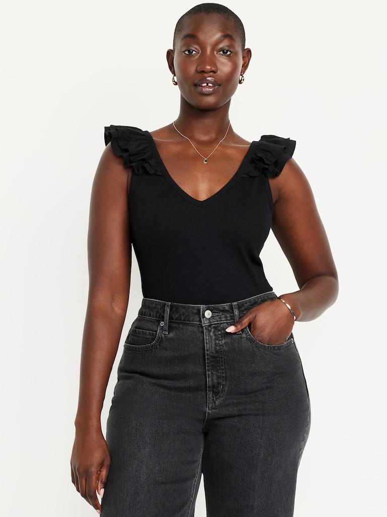 Ruffle-Trim Mixed Material Top