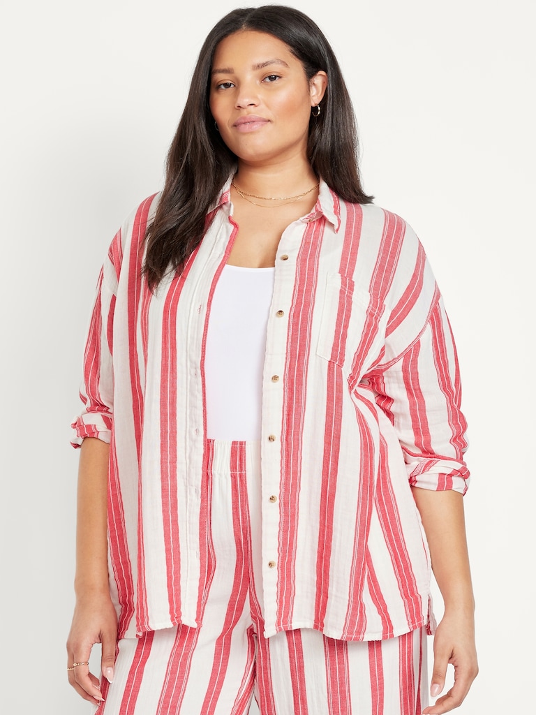 Crinkle Gauze Button-Down Shirt
