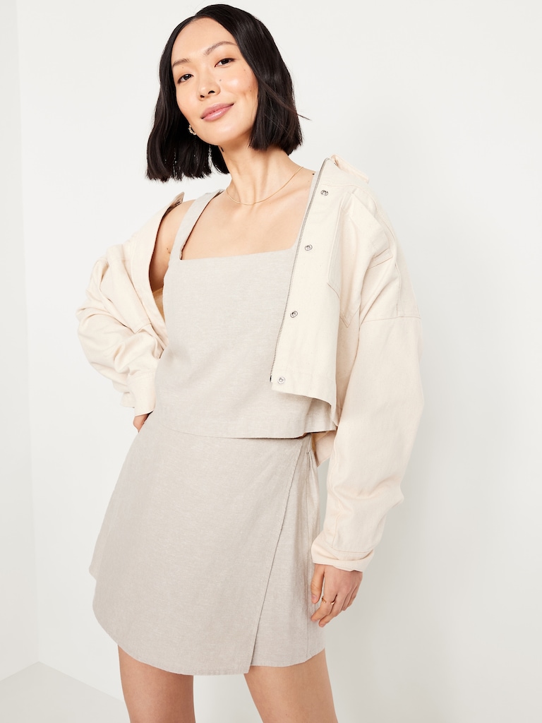 Cropped Square-Neck Linen-Blend Top