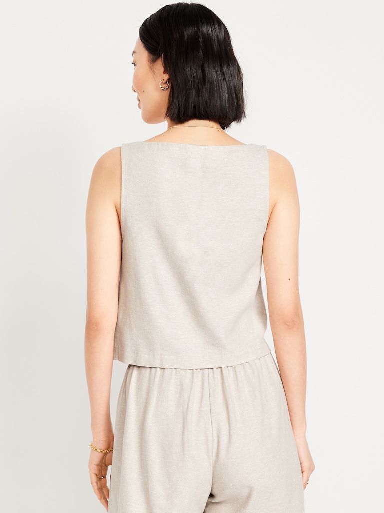 Cropped Square-Neck Linen-Blend Top
