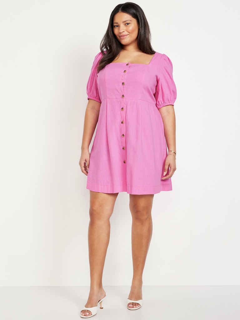 Puff-Sleeve Linen-Blend Mini Dress