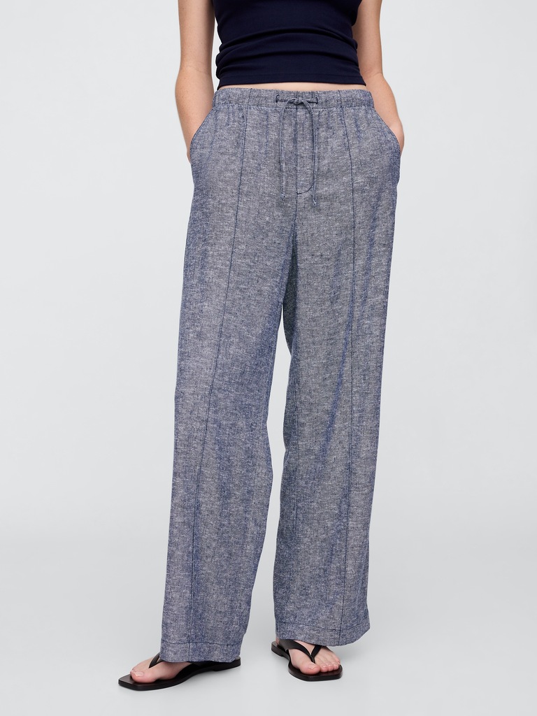 Mid Rise Linen-Blend Pull-On Wide-Leg Pants