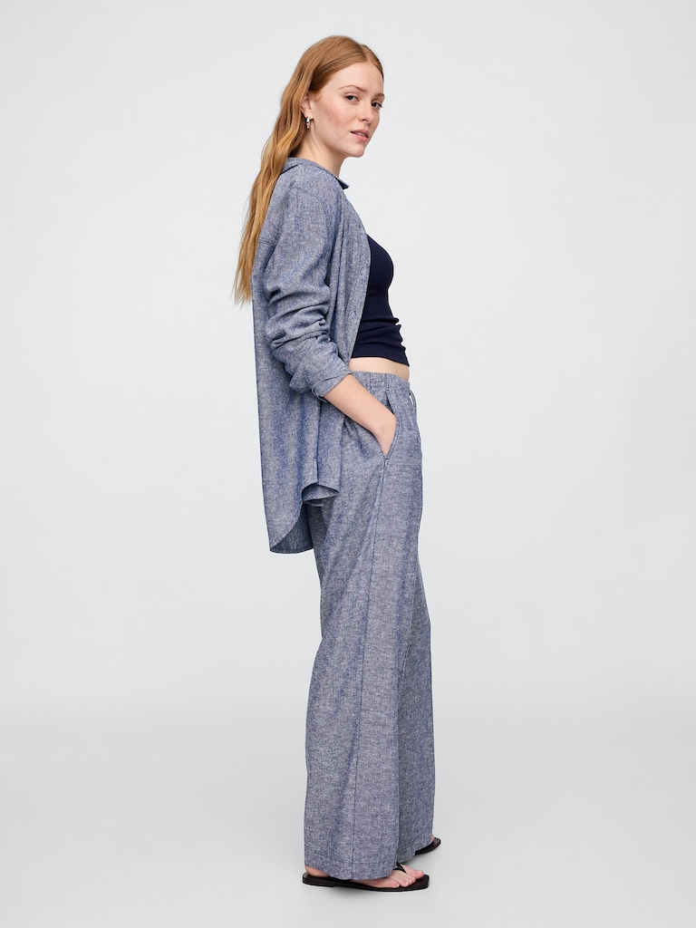 Mid Rise Linen-Blend Pull-On Wide-Leg Pants