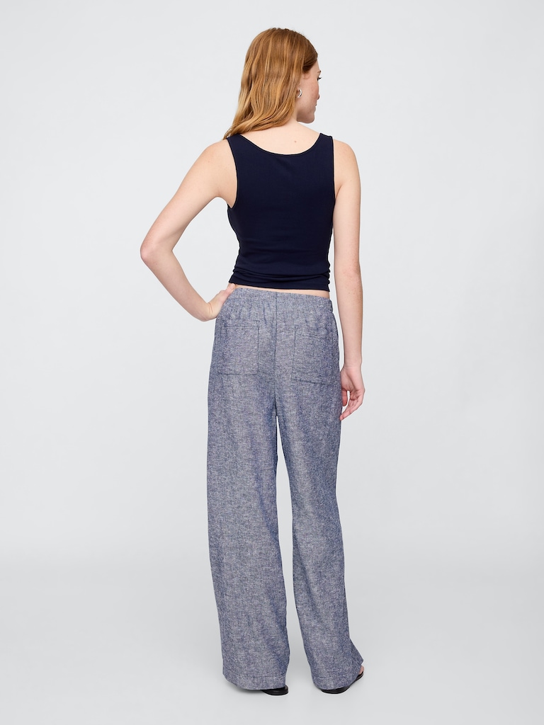 Mid Rise Linen-Blend Pull-On Wide-Leg Pants