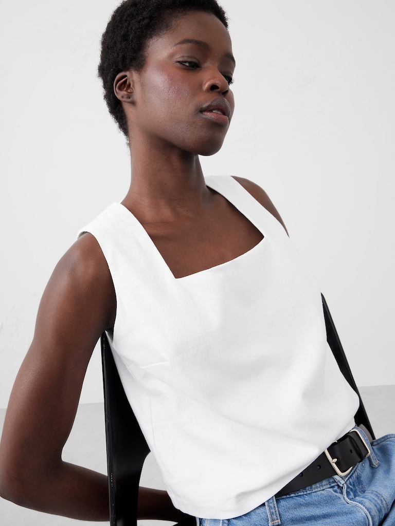 Linen-Blend Square-Neck Top