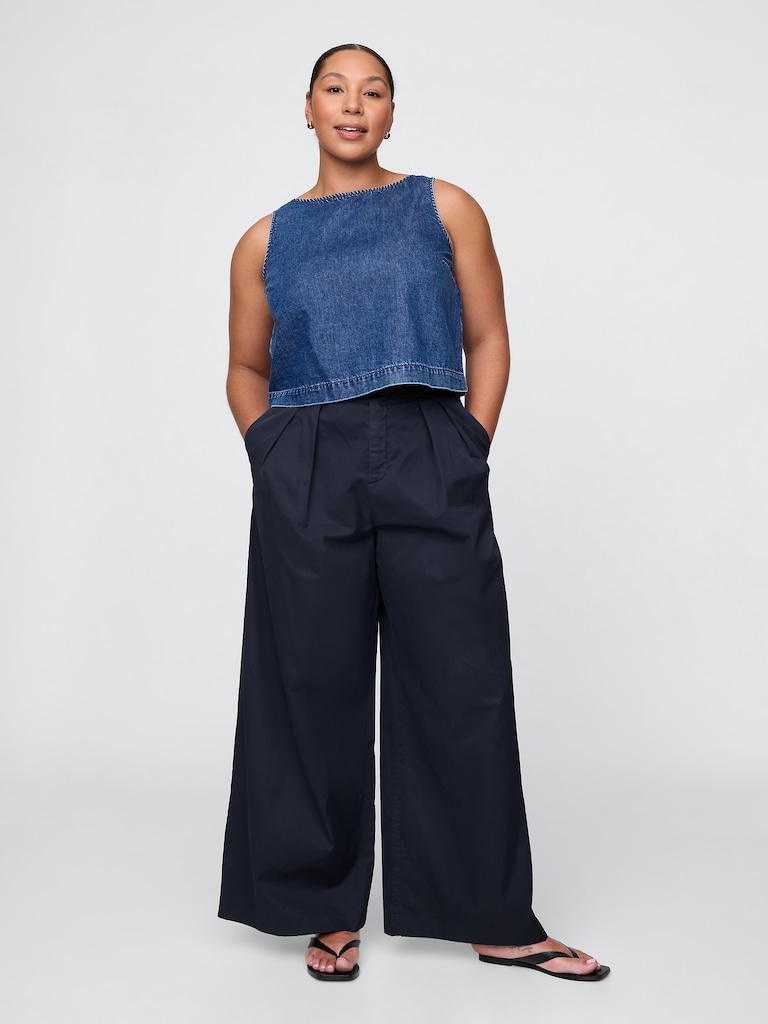 High Rise Twill Pleated Wide-Leg Khakis