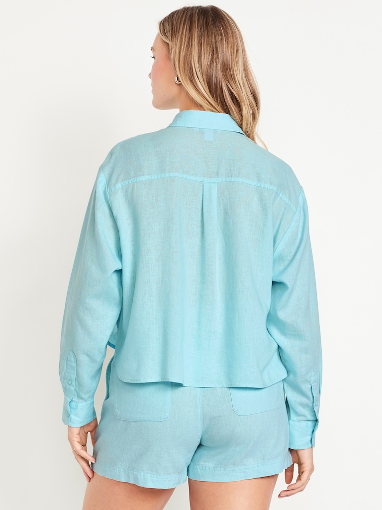 Linen-Blend Button-Down Crop Shirt