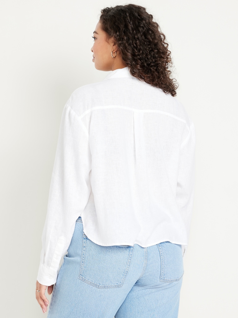 Linen-Blend Button-Down Crop Shirt