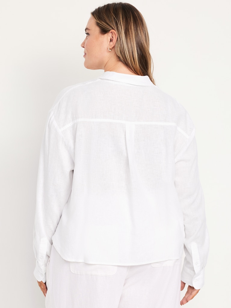 Linen-Blend Button-Down Crop Shirt