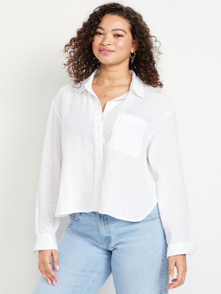 Linen-Blend Button-Down Crop Shirt