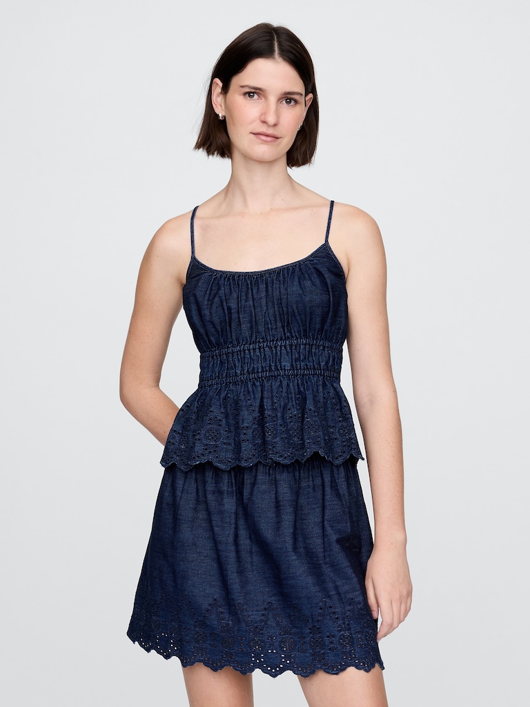 Smocked Eyelet Denim Cami
