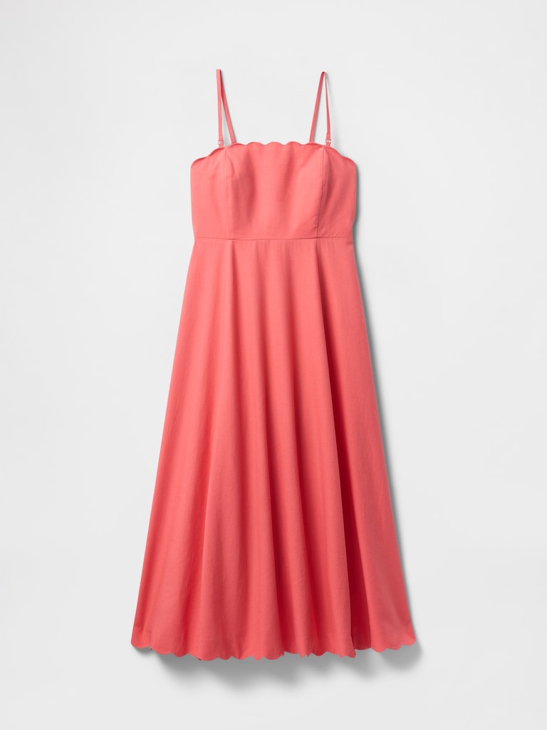Linen-Blend Scalloped Midi Dress
