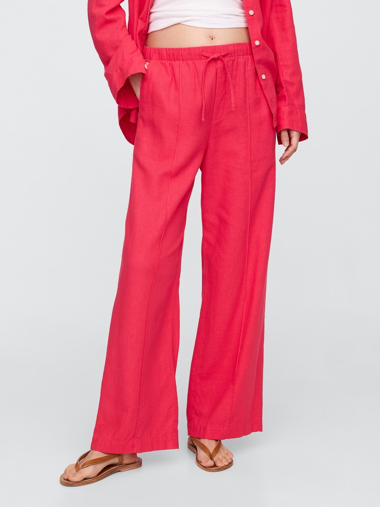 Mid Rise Linen-Blend Pull-On Wide-Leg Pants