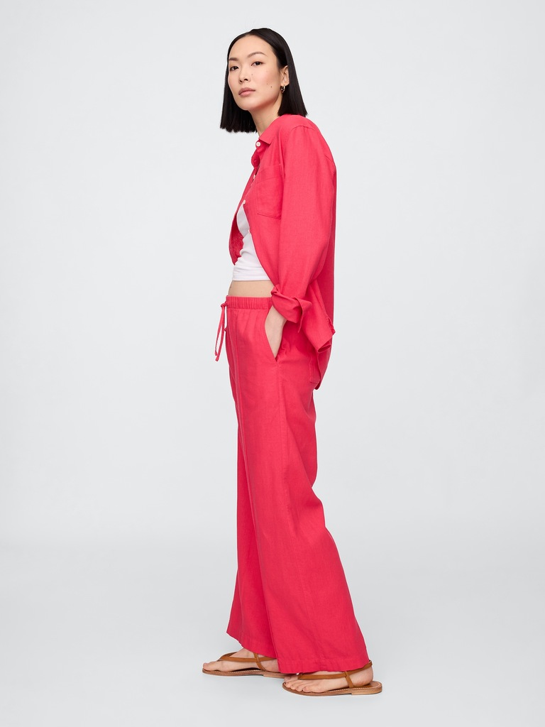 Mid Rise Linen-Blend Pull-On Wide-Leg Pants